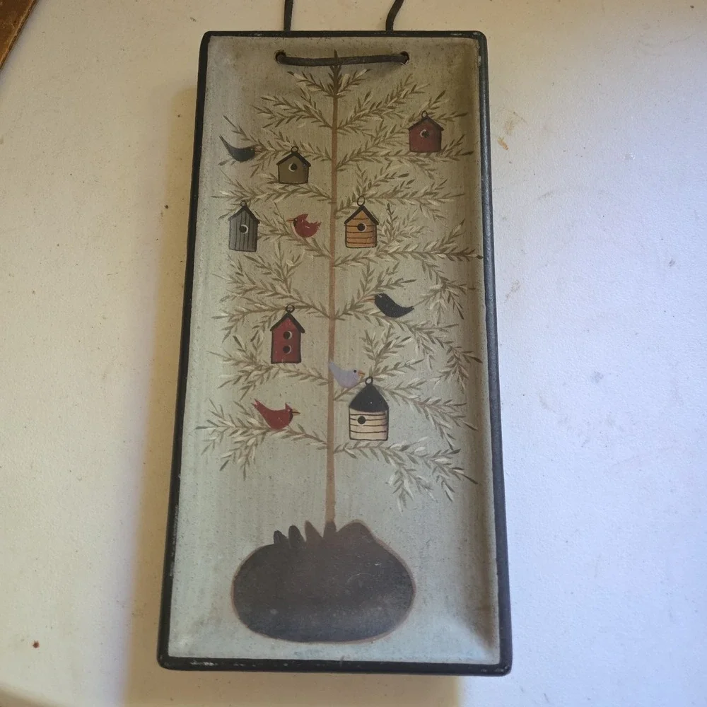 Donna White Birdhouse Birds Hand Painted Wall Hanging Wooden Tray Folk Art Tree